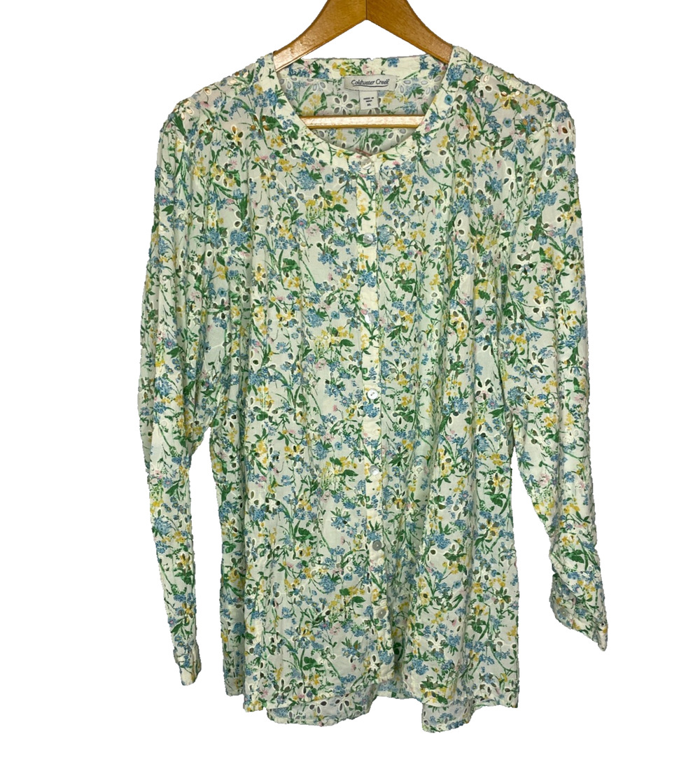 Women's XL Coldwater Creek Floral Print Cotton Eyelet Button Down Shirt NEW